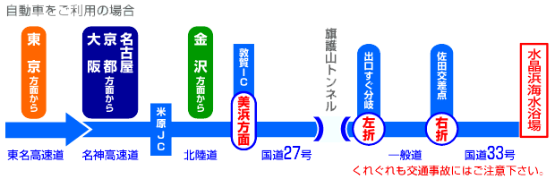 日本海側、きれいな若狭湾の海水浴場は福井県水晶浜海水浴場　海の家シードリーム（SEA DREAM） 自動車をご利用の場合　ルート